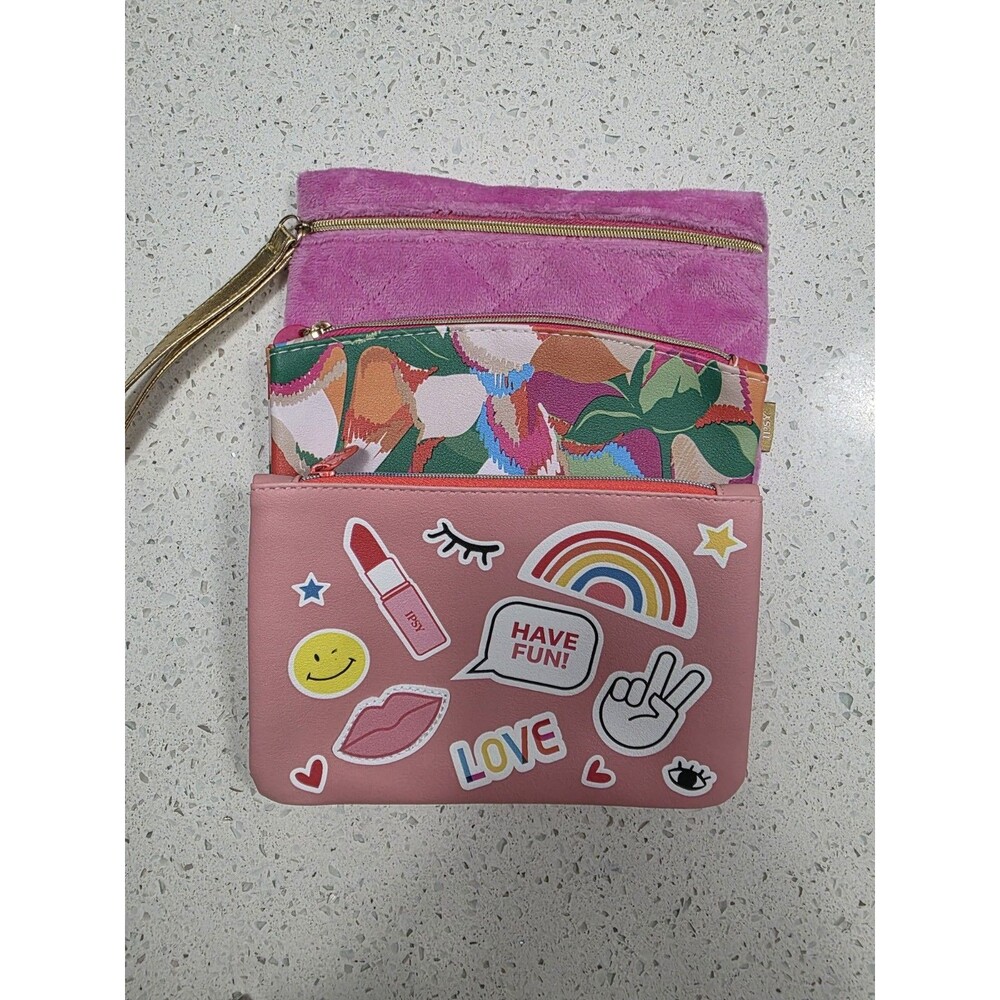 Ipsy Glamour Bags Set of 3, Botanical, fuzzy, pink sticker